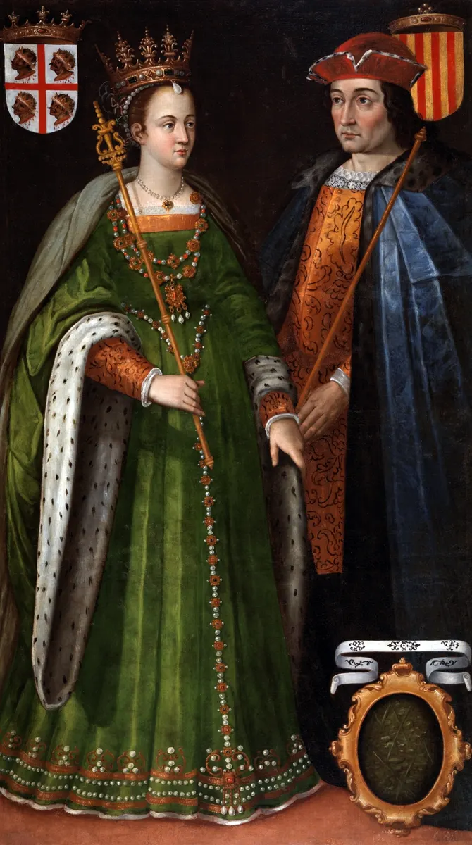 Retrato pintado do casal real em pé, com coroas, mantos, brasões e inscrição na parte inferior do quadro.