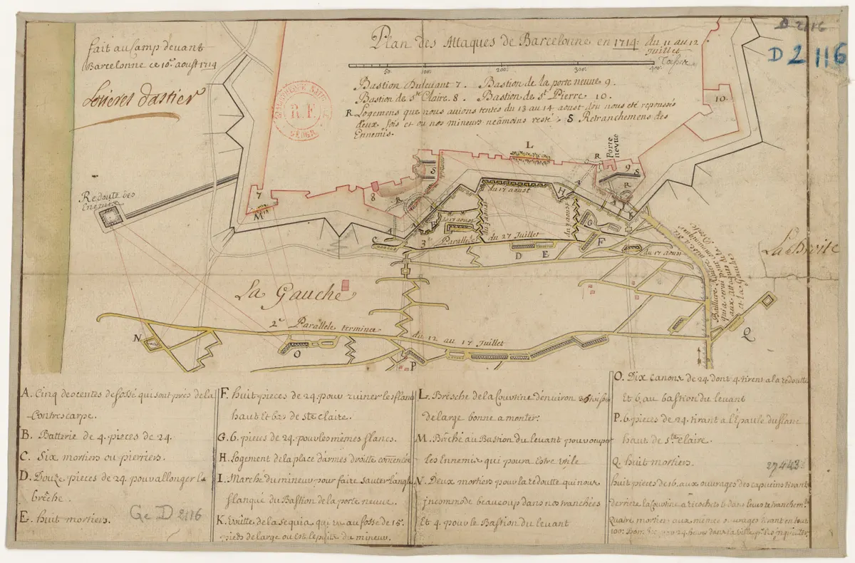 Plano manuscrito das fortificações e trincheiras de Barcelona, com linhas vermelhas e amarelas, assinatura, carimbo e legendas.
