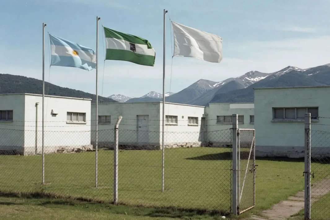 Prédios baixos e claros atrás de um gramado, com a bandeira argentina e um portão aberto.