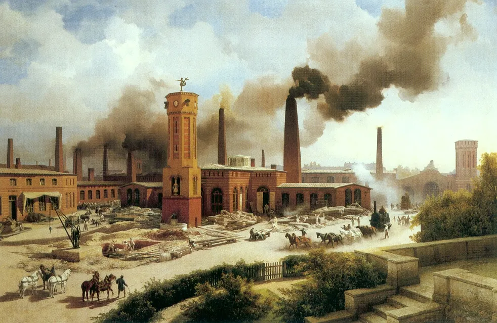 Pintura da fábrica Borsig: torre, chaminés fumegantes, pátio, cavalos puxando locomotivas e um terraço no primeiro plano.