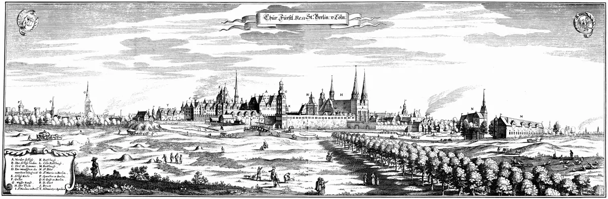 Panorama gravado de Berlim e Cölln, com igrejas, castelo, casas e pequenas figuras, legenda de letras e brasões.