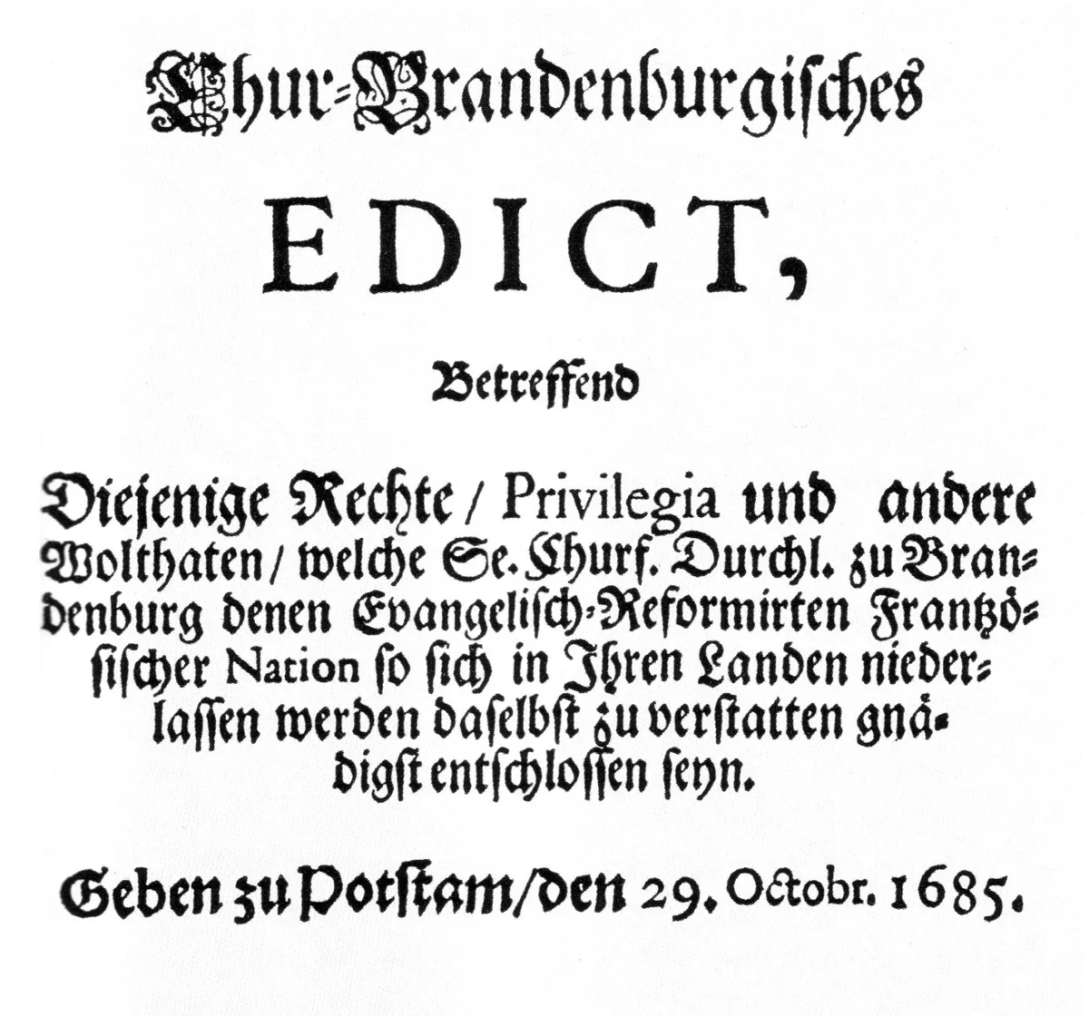 Página de título integral do édito, com letras góticas sobre direitos dos reformados franceses e a data impressa de 29 de outubro de 1685.