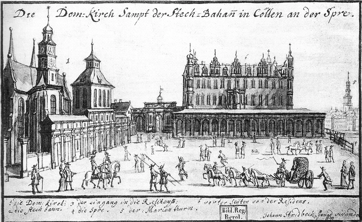 Desenho da praça de Cölln: antiga catedral à esquerda, castelo ao fundo, praça e Spree à direita, com título e margens.