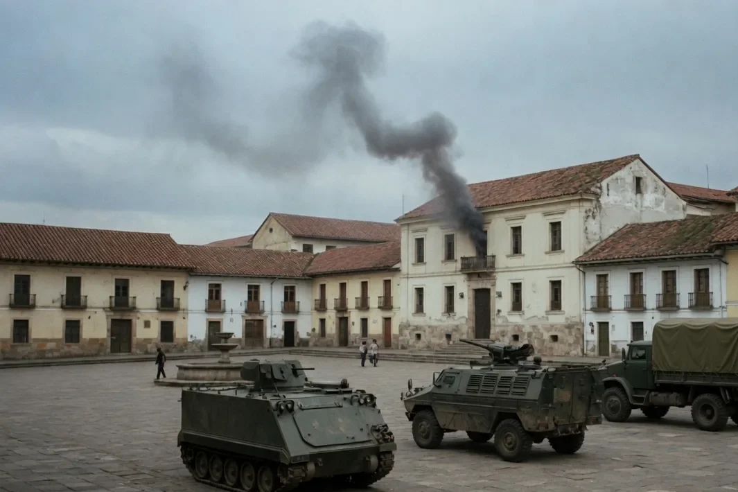 Praça cercada de telhados, fumaça saindo de um prédio claro e três veículos militares.