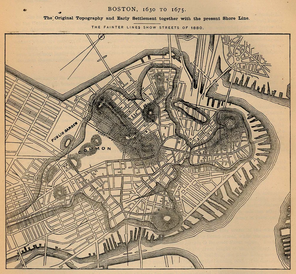 Mapa con calles superpuestas a la antigua topografía de la península, zonas rayadas, muelles y título que indica 1630–1675 y calles de 1880.