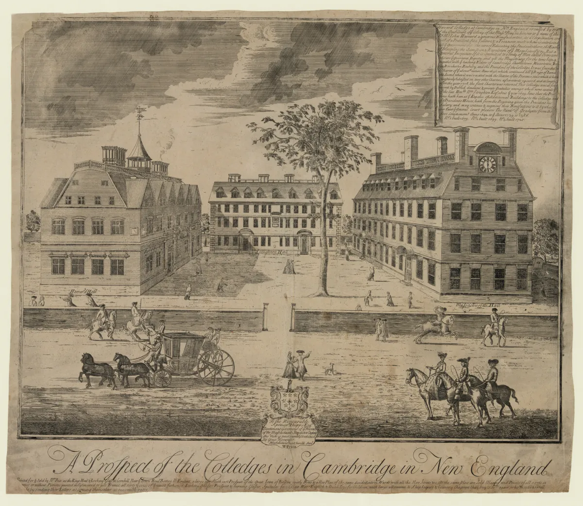 Gravura com três prédios de Harvard, árvore central, cerca, pedestres, cavaleiros e carruagem; brasão e inscrições nas margens.