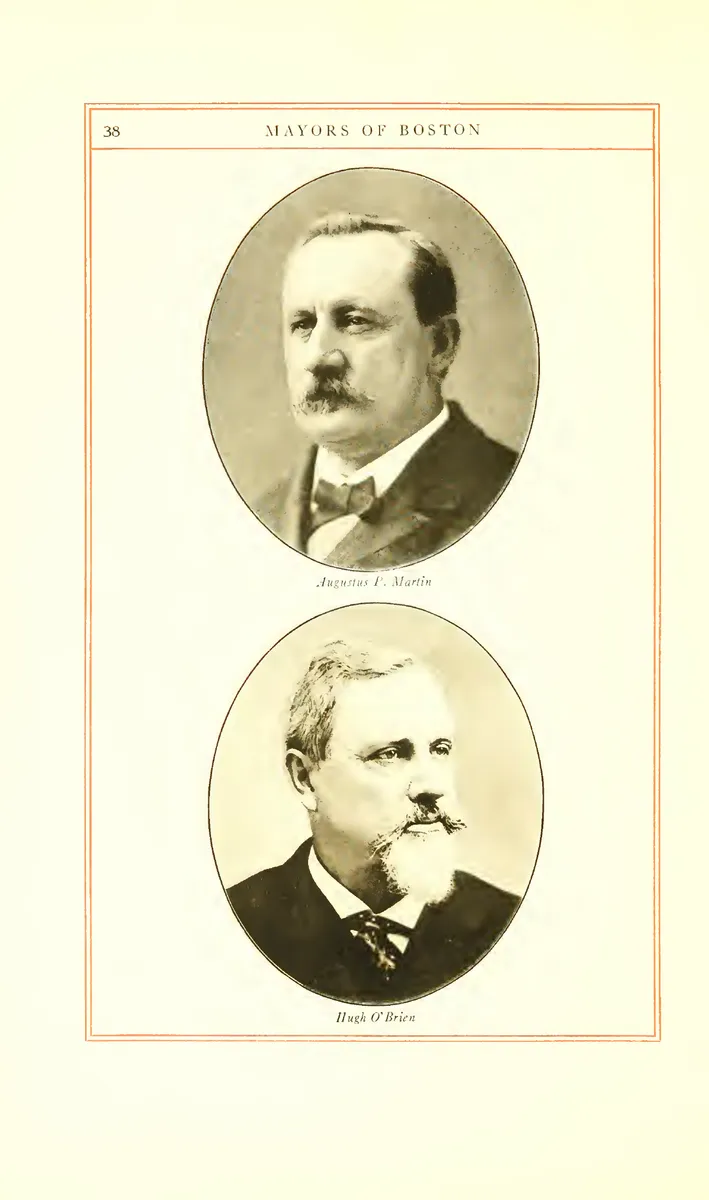 Página 38 com dois retratos ovais: Augustus P. Martin acima e Hugh O’Brien abaixo, ambos de terno, com legendas e moldura impressa.