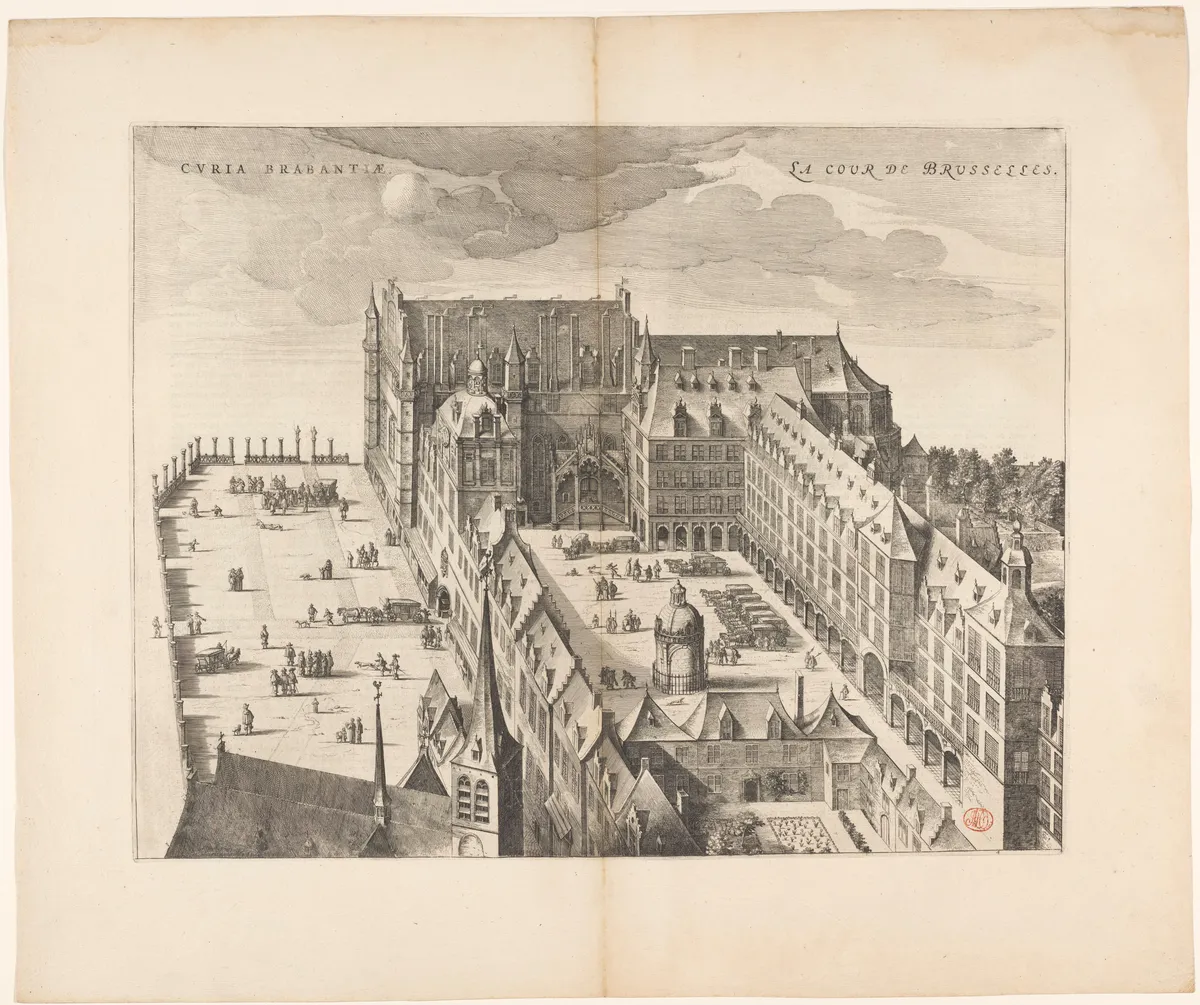 Gravura em perspectiva do palácio e seus pátios, com carruagens, figuras, telhados, títulos e margem do papel.