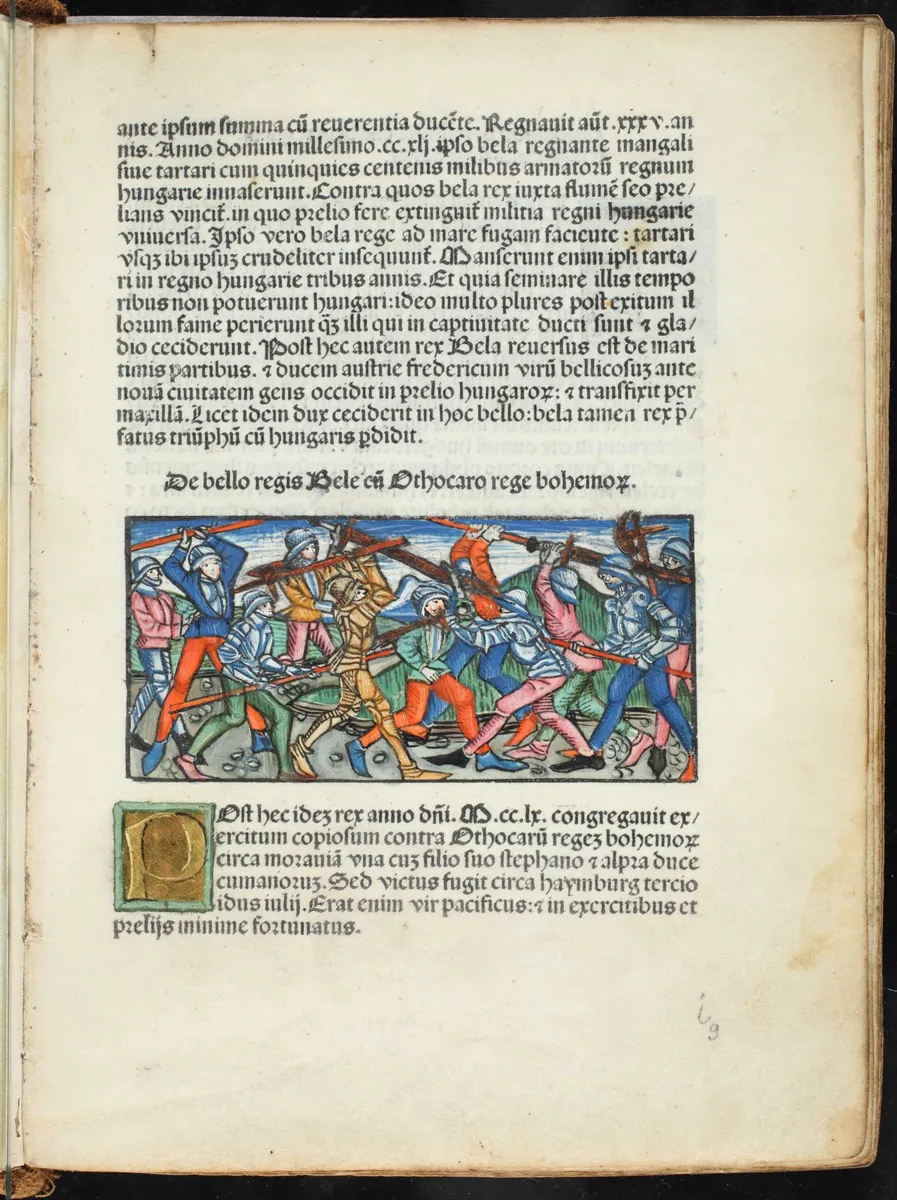 Página integral em latim da Chronica Hungarorum: relato da invasão mongol de 1241 no alto, uma estampa colorida da guerra posterior de Bela IV com Ottokar e margens antigas.