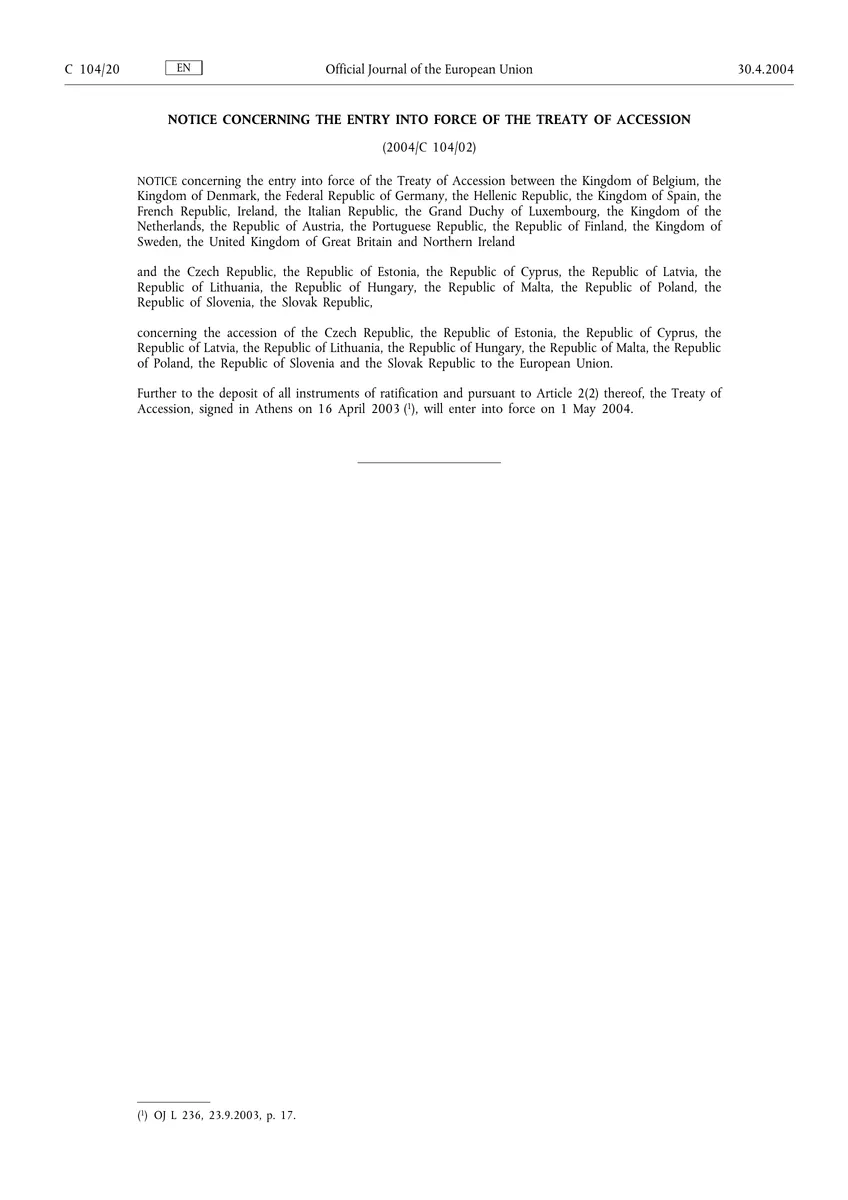 Página integral do Jornal Oficial, em inglês, com o aviso que inclui a Hungria entre os países cuja adesão entra em vigor em 1 maio 2004.