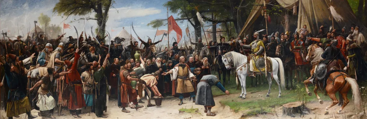Pintura panorâmica com Árpád montado num cavalo branco, grupos de cavaleiros, bandeiras e figuras que lhe oferecem presentes diante de tendas.