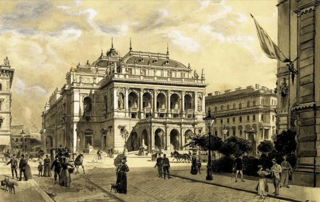 Aquarela com a fachada e o telhado da Ópera de Budapeste, prédios laterais, carruagens e figuras numa rua larga.