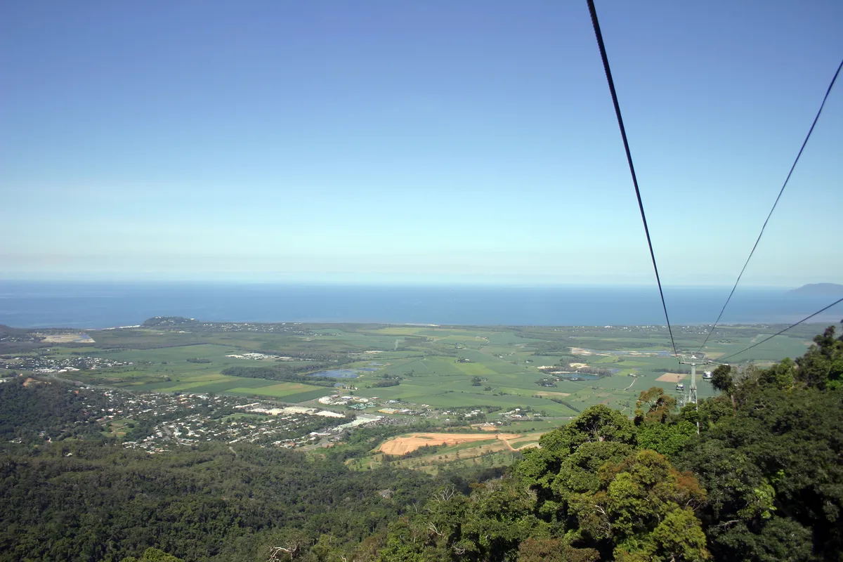 Cabos e uma torre do teleférico sobre a floresta, com duas cabines ao longe, campos verdes e o mar ao fundo.