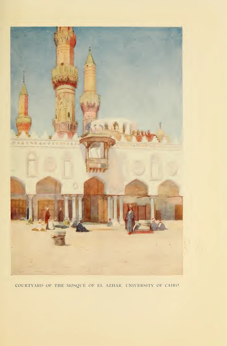Prancha colorida de um pátio com minaretes, arcadas e pessoas, preservando a legenda e as margens do livro.