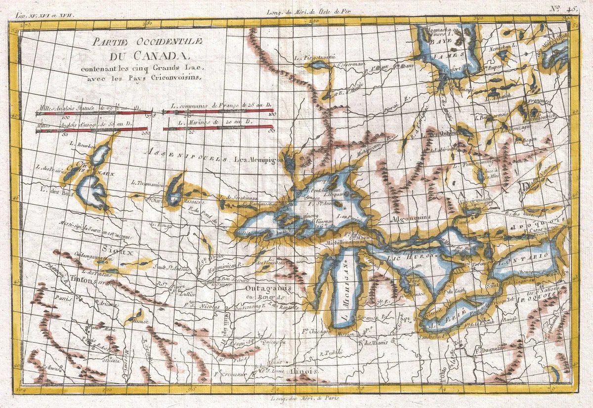 Mapa antigo com lagos, rios, nomes de lugares, linhas de latitude e longitude, título na parte superior e margens da folha.