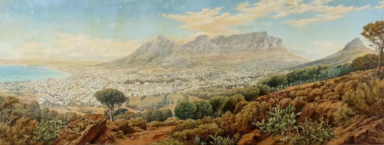 Pintura panorâmica mostra a Cidade do Cabo vista de uma encosta, com a Table Mountain e o Lion's Head ao fundo, a cidade abaixo e vegetação rochosa em primeiro plano.