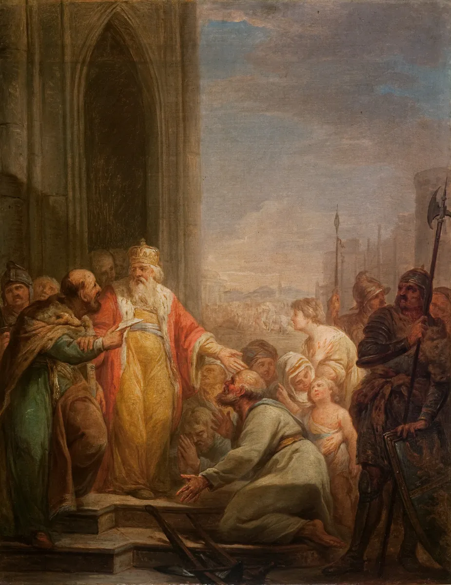 Pintura alegórica com Casimiro coroado, livro Statuta, homens ajoelhados, cavaleiros e obras de construção ao fundo.