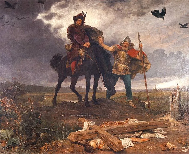 Pintura de Casimiro a cavalo junto de um homem com elmo e lança, com aves no céu e uma figura caída entre madeiras em primeiro plano.