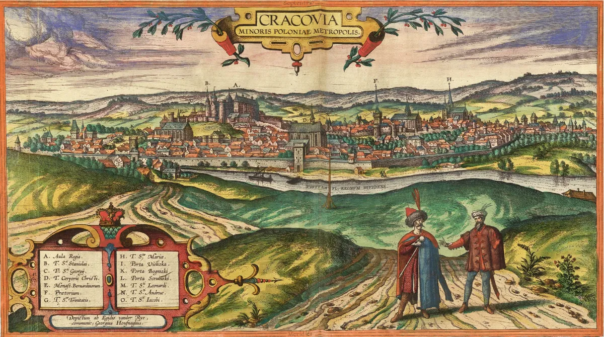 Vista gravada de Cracóvia e seus arredores, com muralhas, torres, rios, estradas, figuras e cartuchos na margem superior.