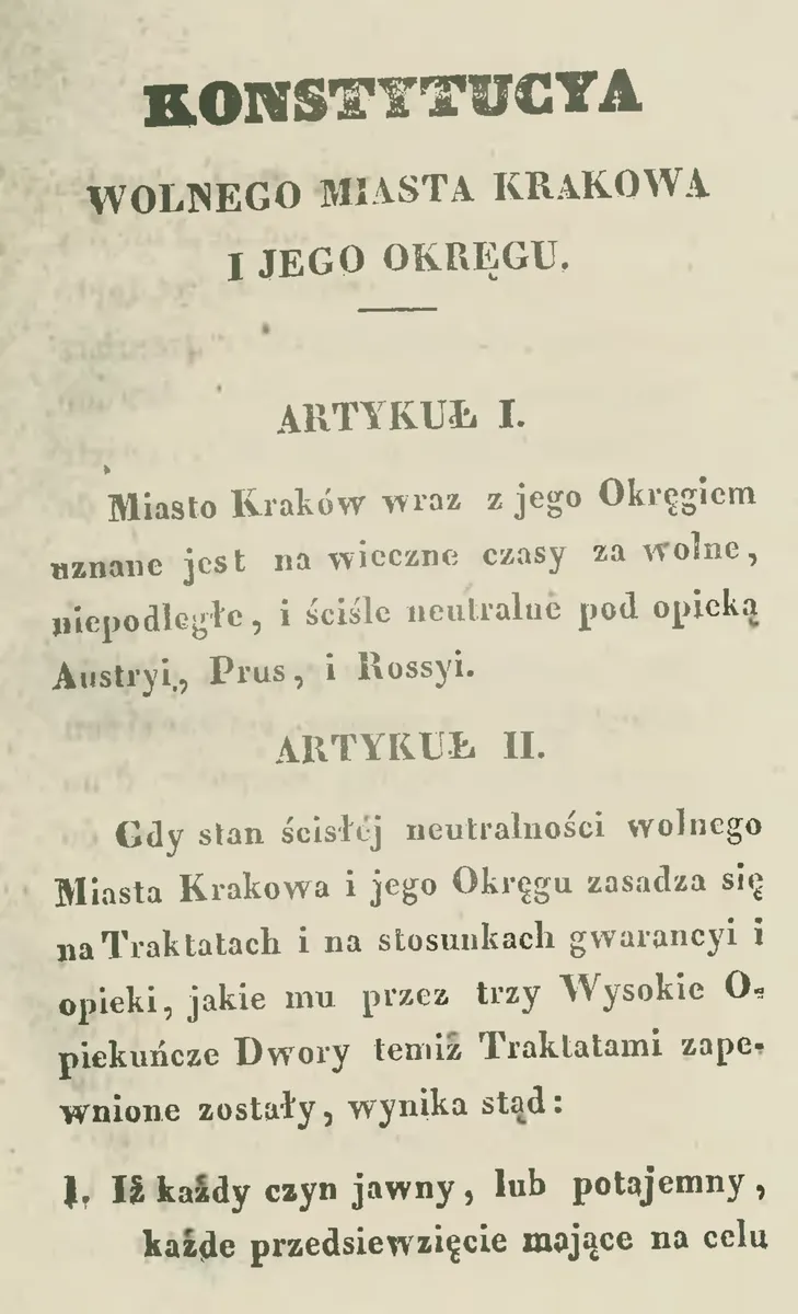 Página inteira em polonês da Constituição da Cidade Livre de Cracóvia, com título, artigo I e início do artigo II em tipografia antiga.