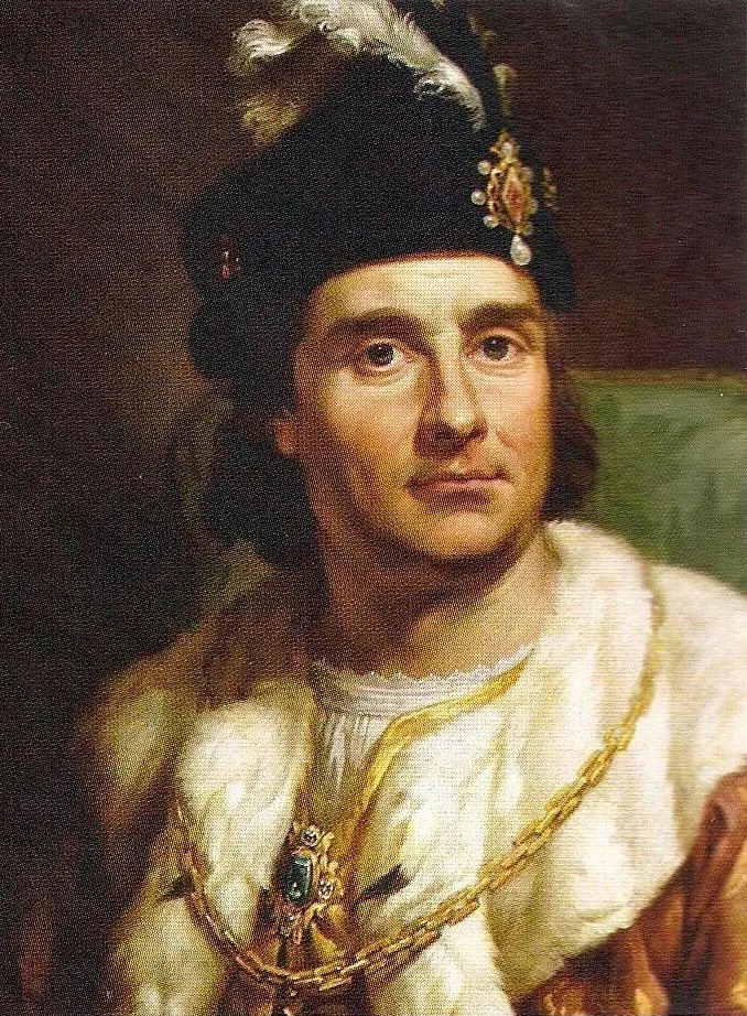 Retrato de Jan Olbracht com chapéu, pluma, manto de pele e colar sobre a roupa escura.