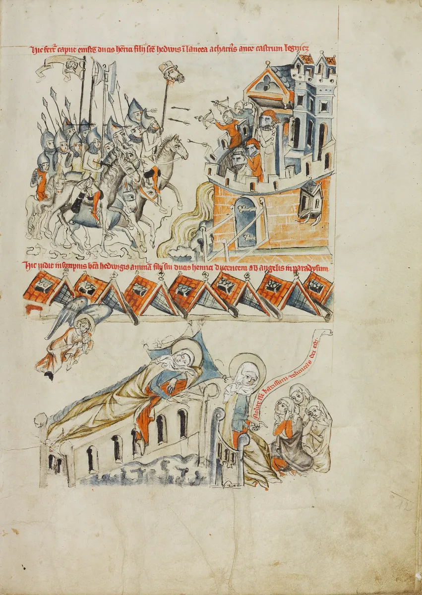 Página iluminada com dois quadros: soldados levando a cabeça de Henrique diante de um castelo e Edviges sonhando com a alma do filho.