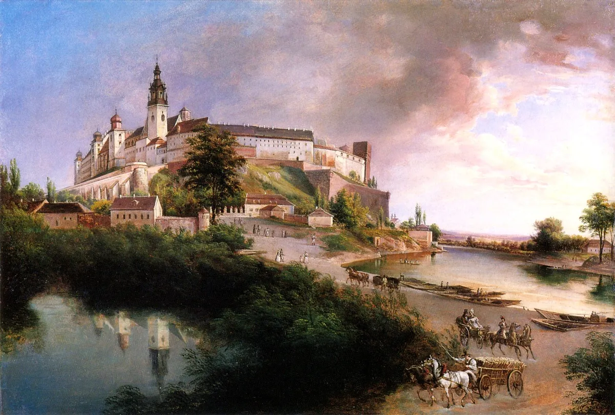 Pintura do Wawel com edifícios sobre a colina, lagoa em primeiro plano, barcos, carroças e cavalos.