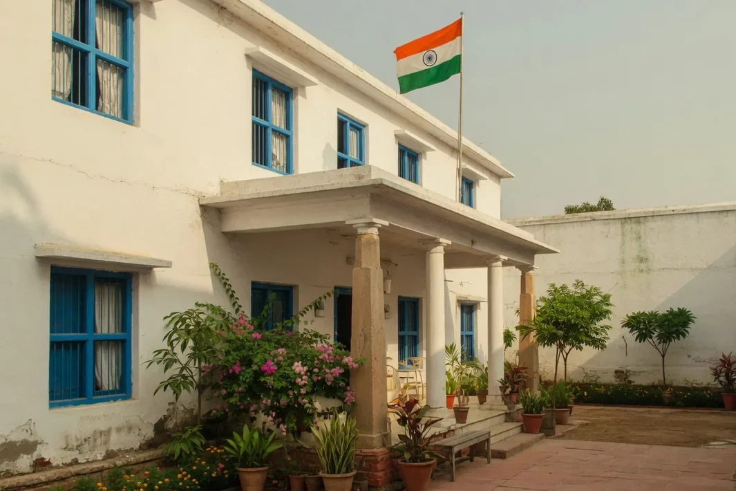 A casa branca da Birla House, com janelas azuis e um pátio plantado.