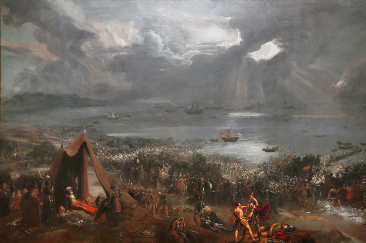 Pintura de batalha à beira de uma baía, com guerreiros em combate, corpos no chão e uma tenda à esquerda.