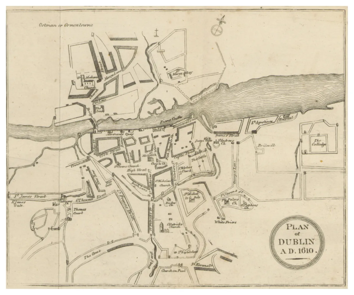 Mapa de Dublin com rio, pontes, muralhas, ruas, edifícios e legenda na margem inferior.