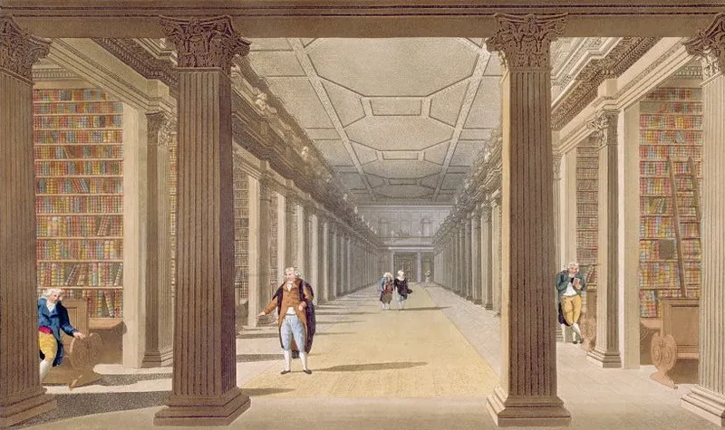 Aquarela do interior comprido de uma biblioteca, com estantes de livros, arcos, colunas e figuras junto das mesas.