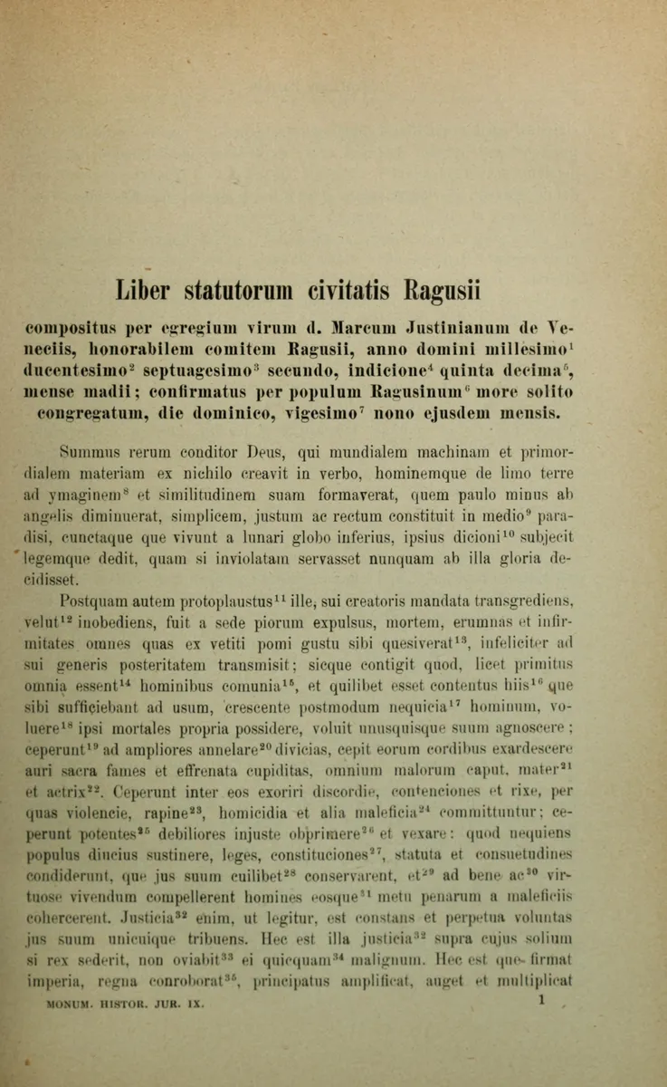 Página de livro com grande margem superior, título latino do estatuto, referência a Marco Giustiniani de Veneza, parágrafos impressos, números de notas e número de página ao pé.