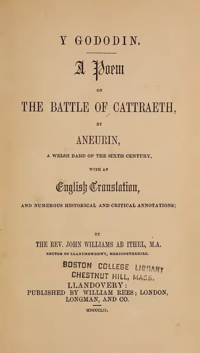 Página inteira com o título Y Gododin, indicação de tradução inglesa por John Williams, carimbo de biblioteca, editoras e data de 1852.
