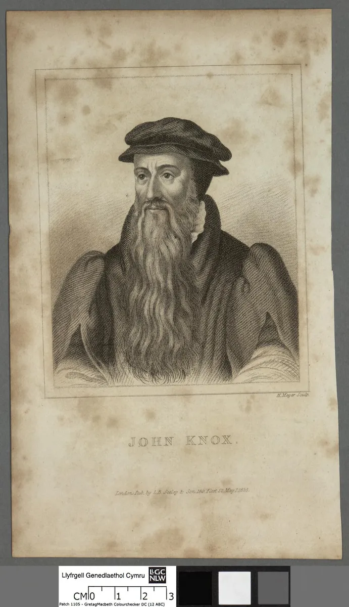 Retrato gravado de John Knox, com chapéu e barba longa, borda impressa, legenda, margens, escala de cores e identificação da biblioteca.
