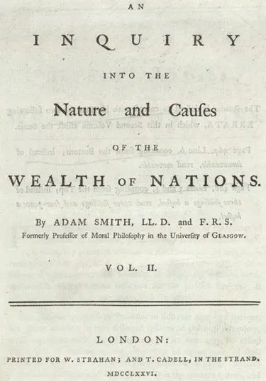 Folha de rosto do segundo volume de A Riqueza das Nações, com nome de Adam Smith, editoras de Londres e data em algarismos romanos.