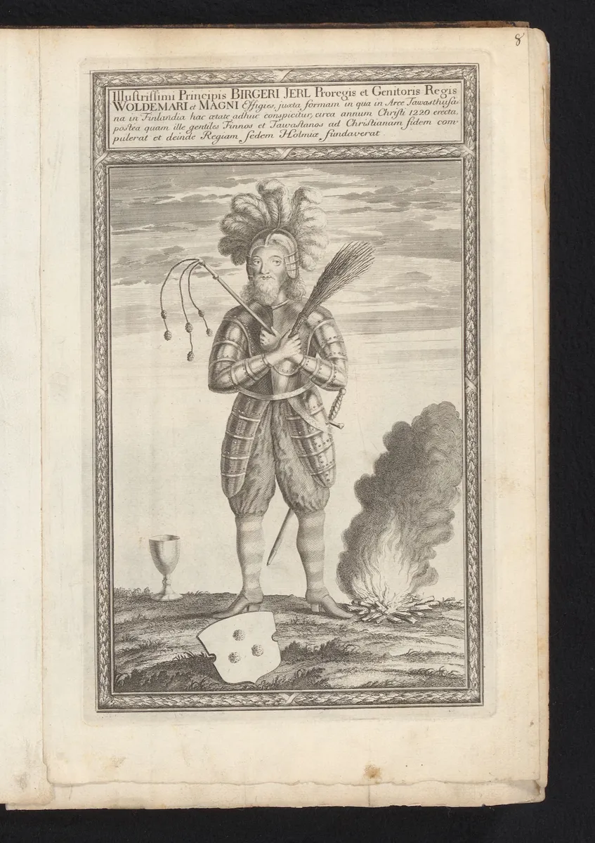 Gravura com figura de armadura e elmo emplumado segurando chicote e feixe de varas, com cálice, fogo e brasão aos pés e inscrição latina acima.