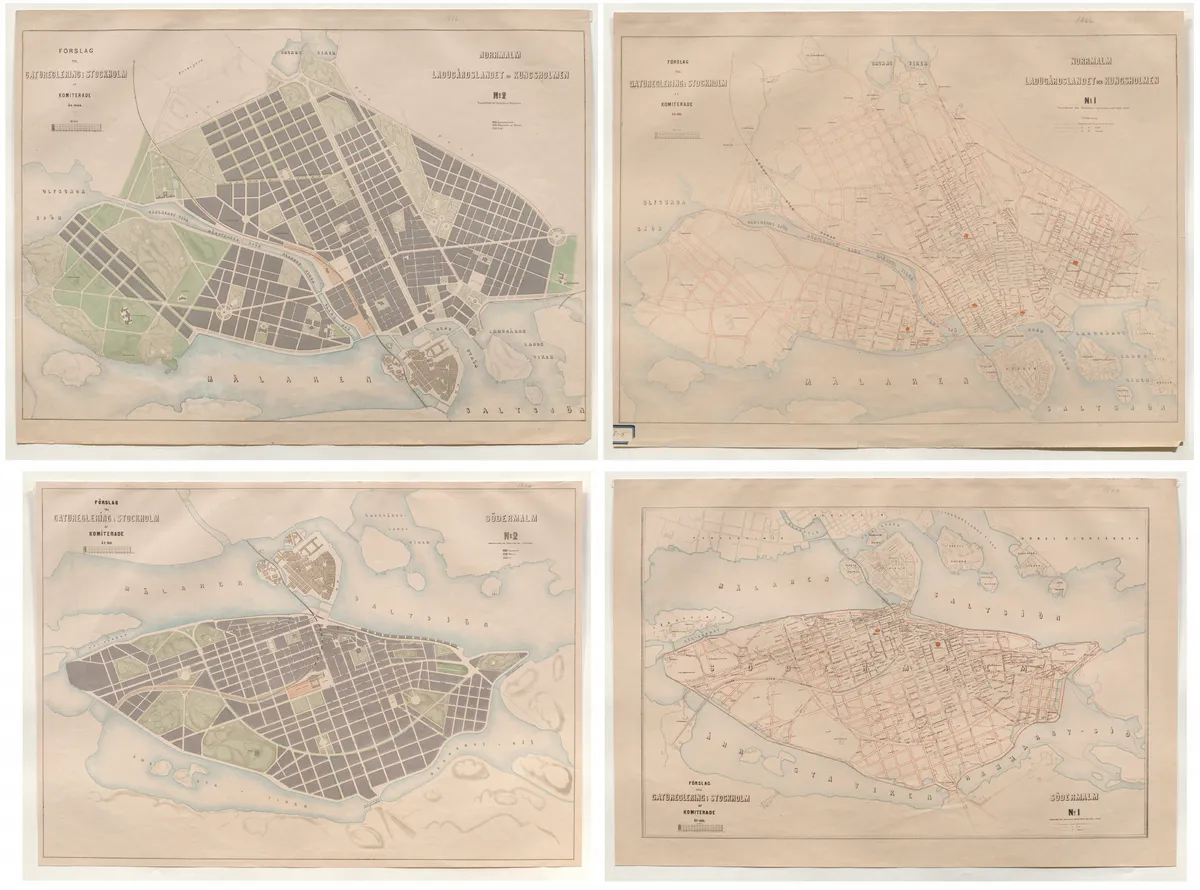 Planche de quatre cartes historiques des rues, espaces verts et eaux, deux au nord et deux au sud, avec titres et marges du papier.