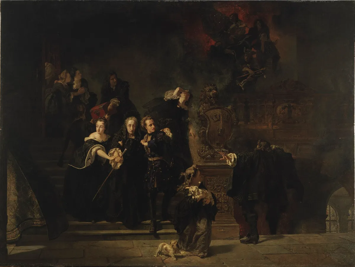 Peinture sombre avec des personnages descendant un escalier, femmes et jeune homme au centre, chien au premier plan et fumée au fond.