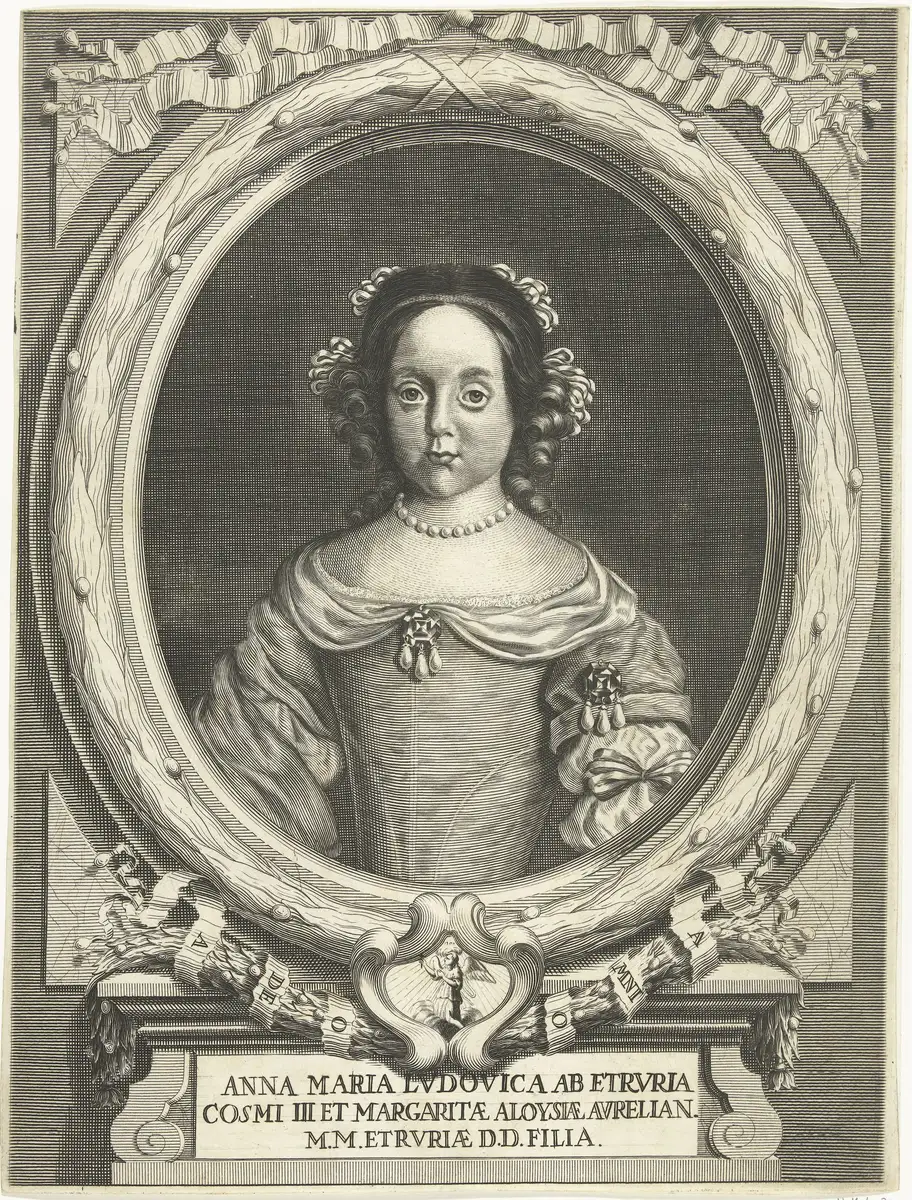 Retrato gravado de Anna Maria Luisa em moldura oval ornamentada, com inscrição identificadora abaixo.