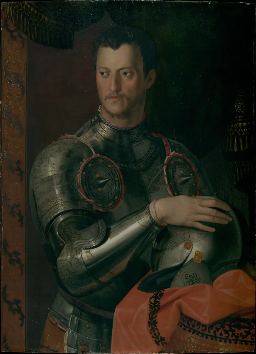 Pintura de Cosimo I em armadura, com a mão sobre um capacete e tecidos vermelhos ao fundo.