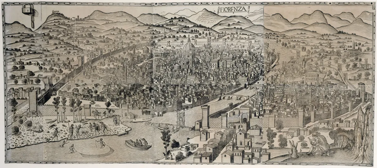 Vista gravada de Florença, com muralhas, Arno, pontes, igrejas e moldura de corrente com cadeado.
