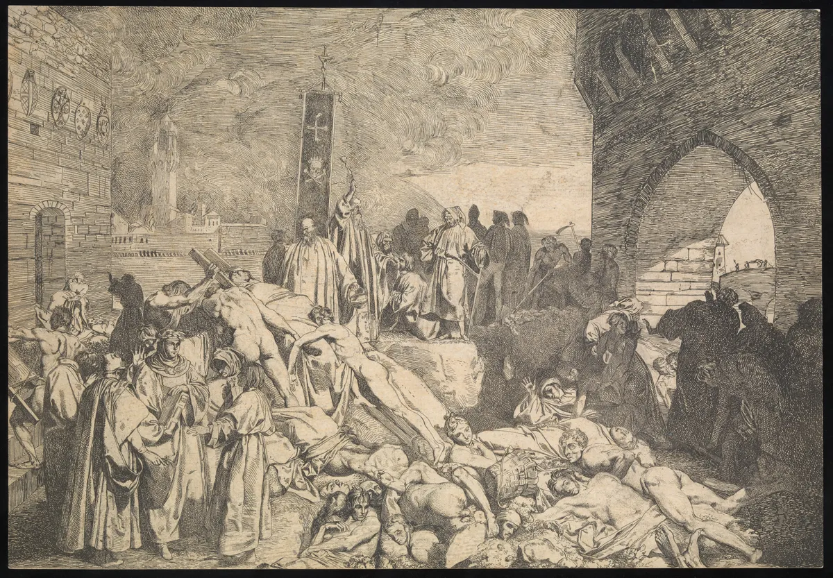 Gravura de uma cena de peste: pessoas com cruzes, homens carregando corpos e figuras reunidas entre edifícios e um arco.