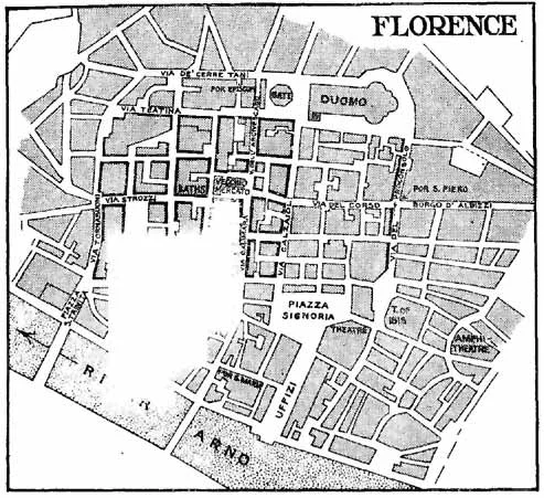 Plan de Florence avec rues, places, Arno et traits épais indiquant des hypothèses de tracé romain.