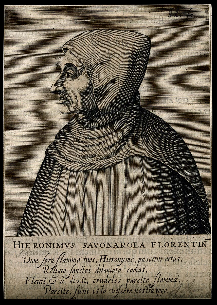 Gravura de Savonarola em perfil, com capuz, assinatura no alto e versos impressos abaixo.