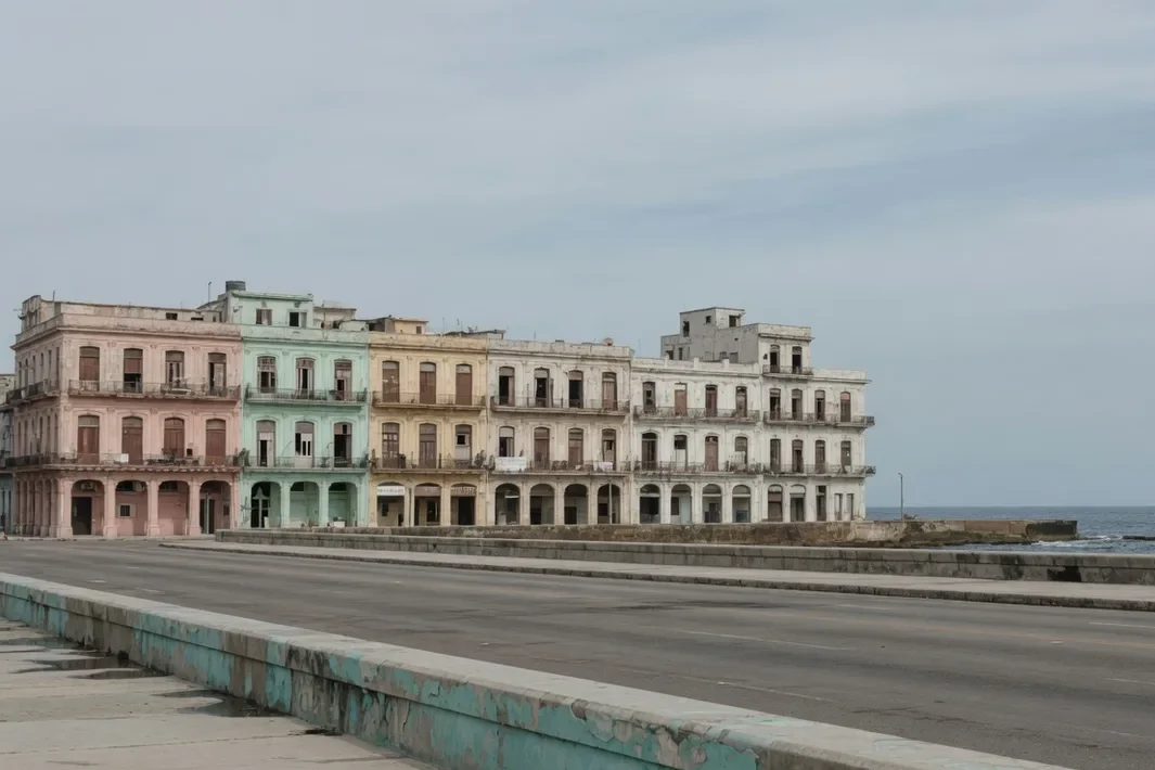 O muro do Malecón baixo no quadro, com as janelas apagadas e o céu claro no meio.