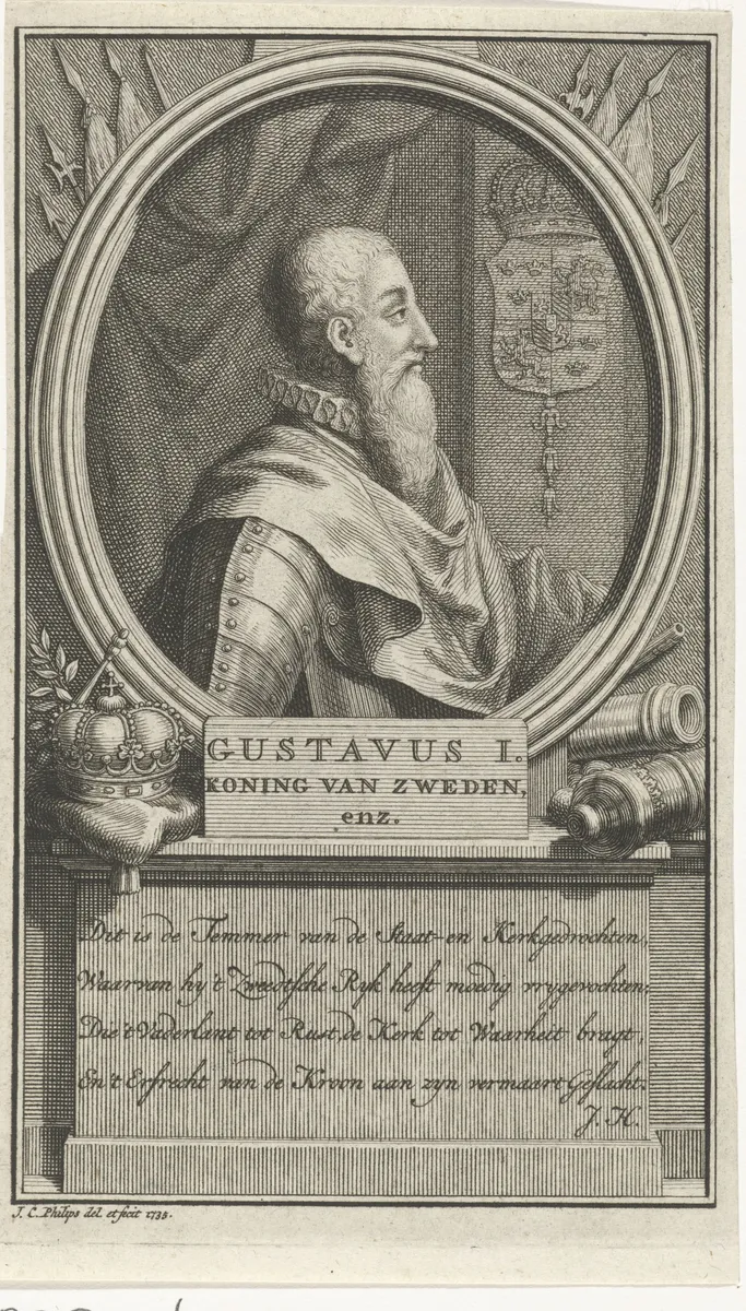Gravura com retrato de perfil de um homem barbado em armadura, brasão, coroa, canhões e versos na moldura.