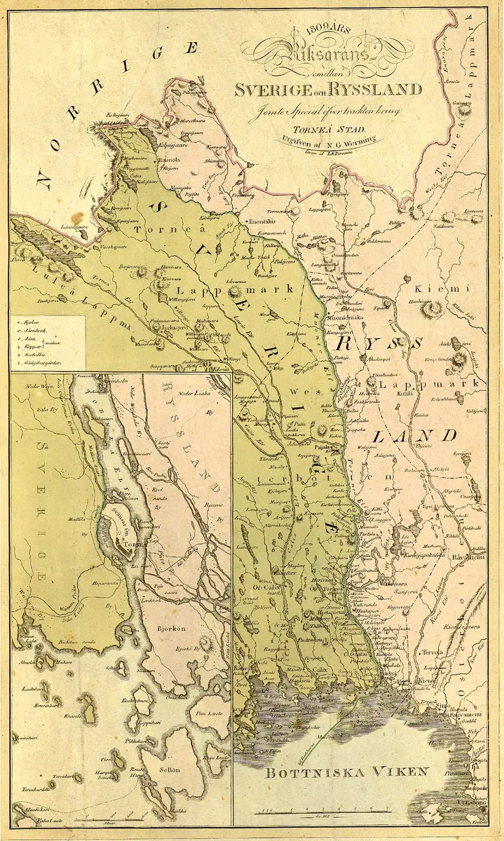 Mapa com fronteira colorida, rios e localidades, título superior e um detalhe ampliado de Tornio no canto inferior esquerdo.