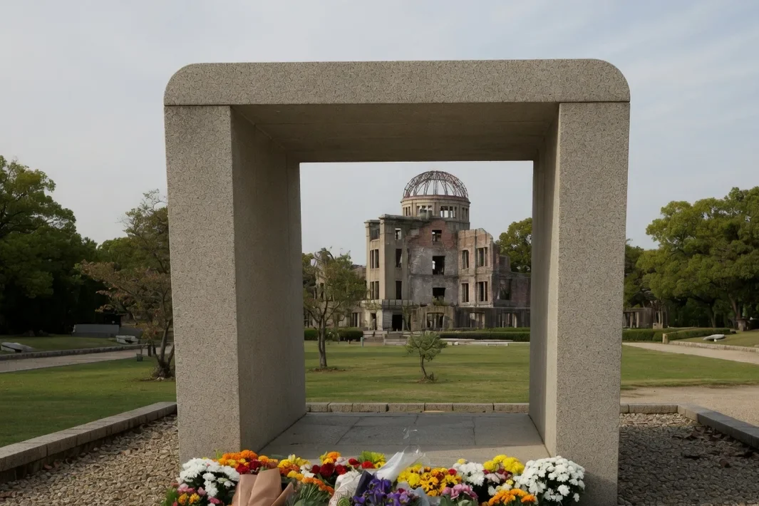 Arco de pedra do cenotáfio, com flores na base e a cúpula em ruínas enquadrada na abertura, sob um céu claro.