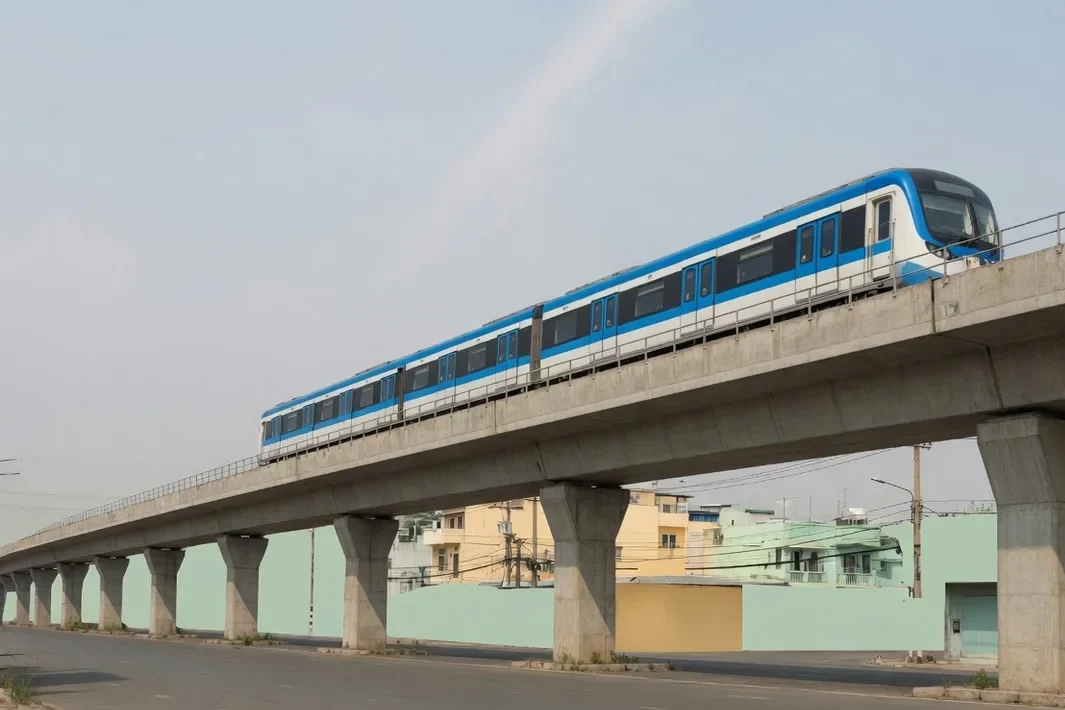 Trem azul e branco num viaduto, com céu claro.