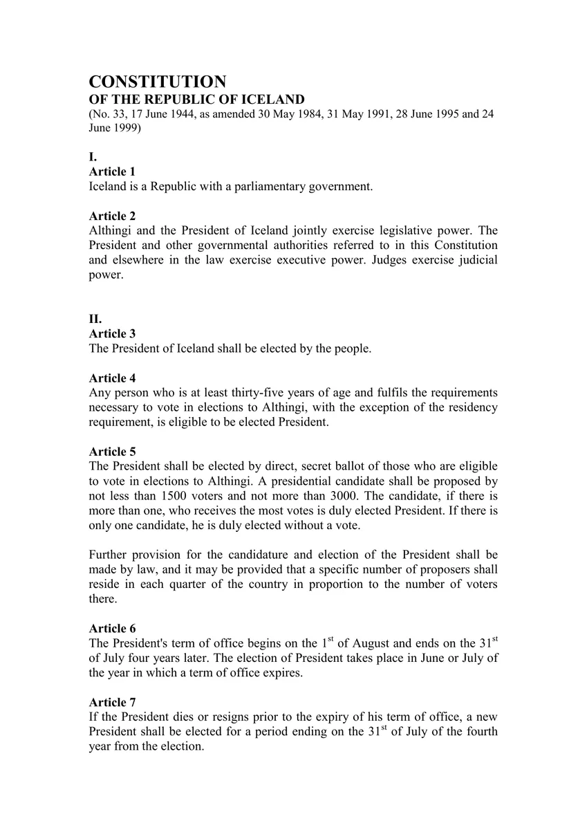 Primeira página da tradução inglesa da Constituição, com título, data de 17 de junho de 1944 e artigos iniciais em texto preto sobre branco.